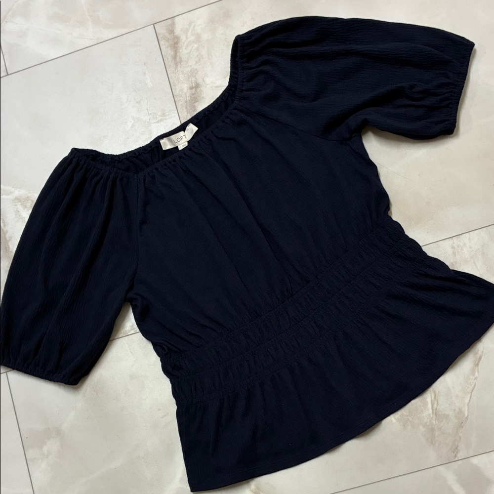 LOFT Navy Off-Shoulder Smocked Waist Blouse